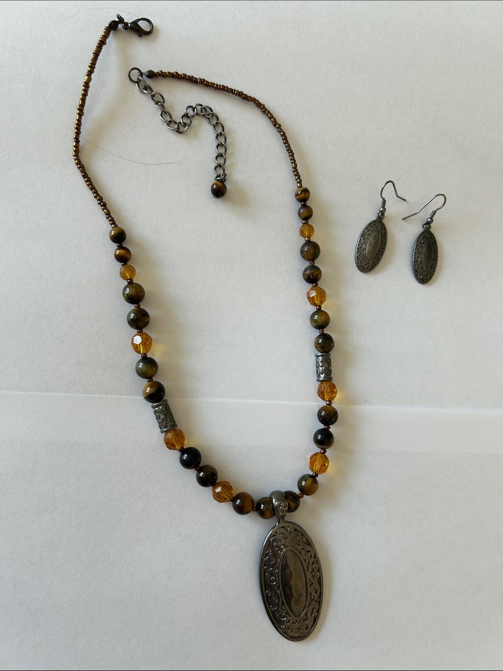 Beaded Tiger Eye and Amber Pendant Necklace with Matching Earrings